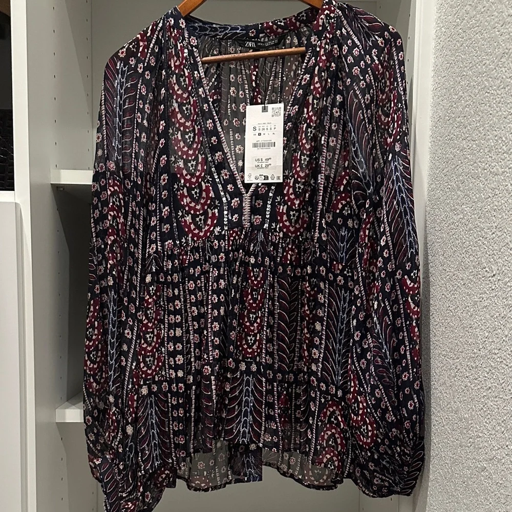 Zara Navy Boho Women's Blouse with Silver Metallic Thread NWT - Picture 3 of 4